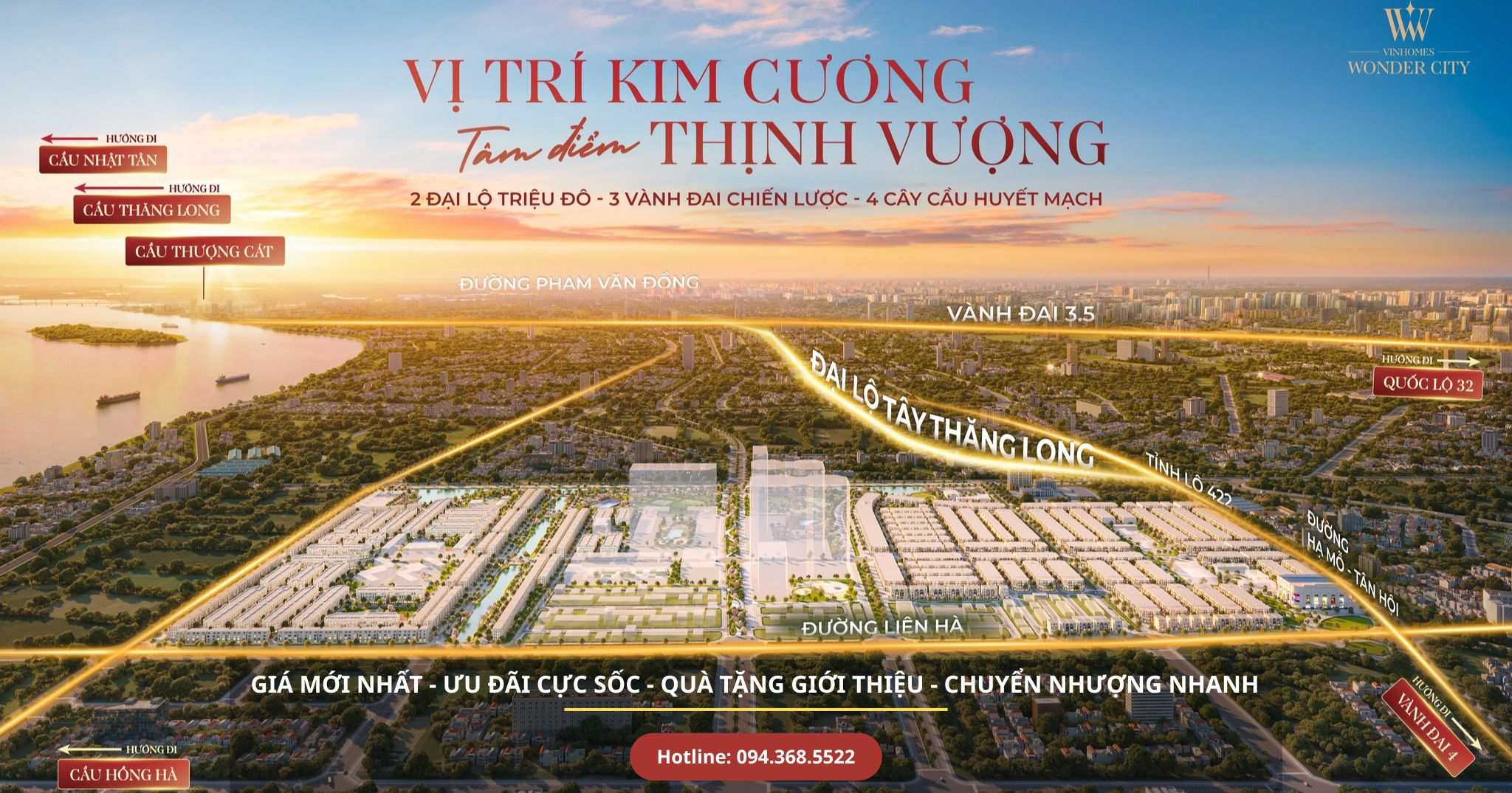Toàn cảnh dự án Vinhomes Wonder City Đan Phượng nhìn từ trên cao, bao quanh bởi các tuyến giao thông huyết mạch và không gian sống sinh thái