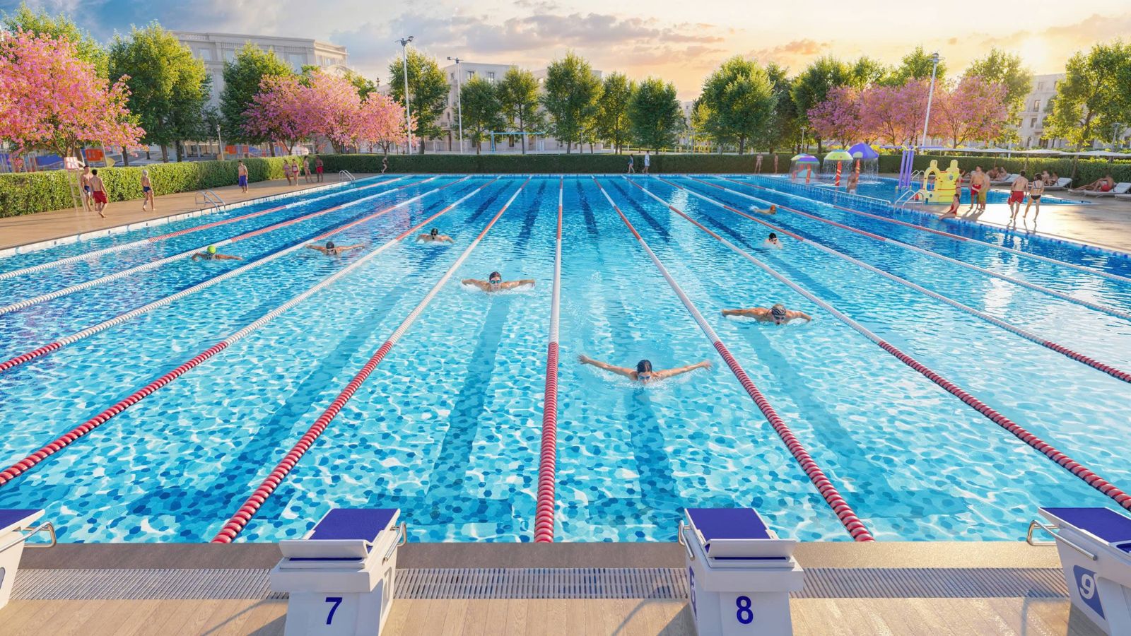 bể bơi tiêu chuẩn olympic xanh mát trong công viên Athletic Park tại Vinhomes Wonder City Đan Phượng
