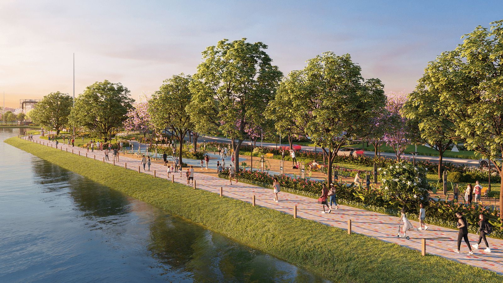 đường chạy bộ ngay ven sông và nhiều cây xanh ở công viên Spring Park tại Vinhomes Wonder City Đan Phượng