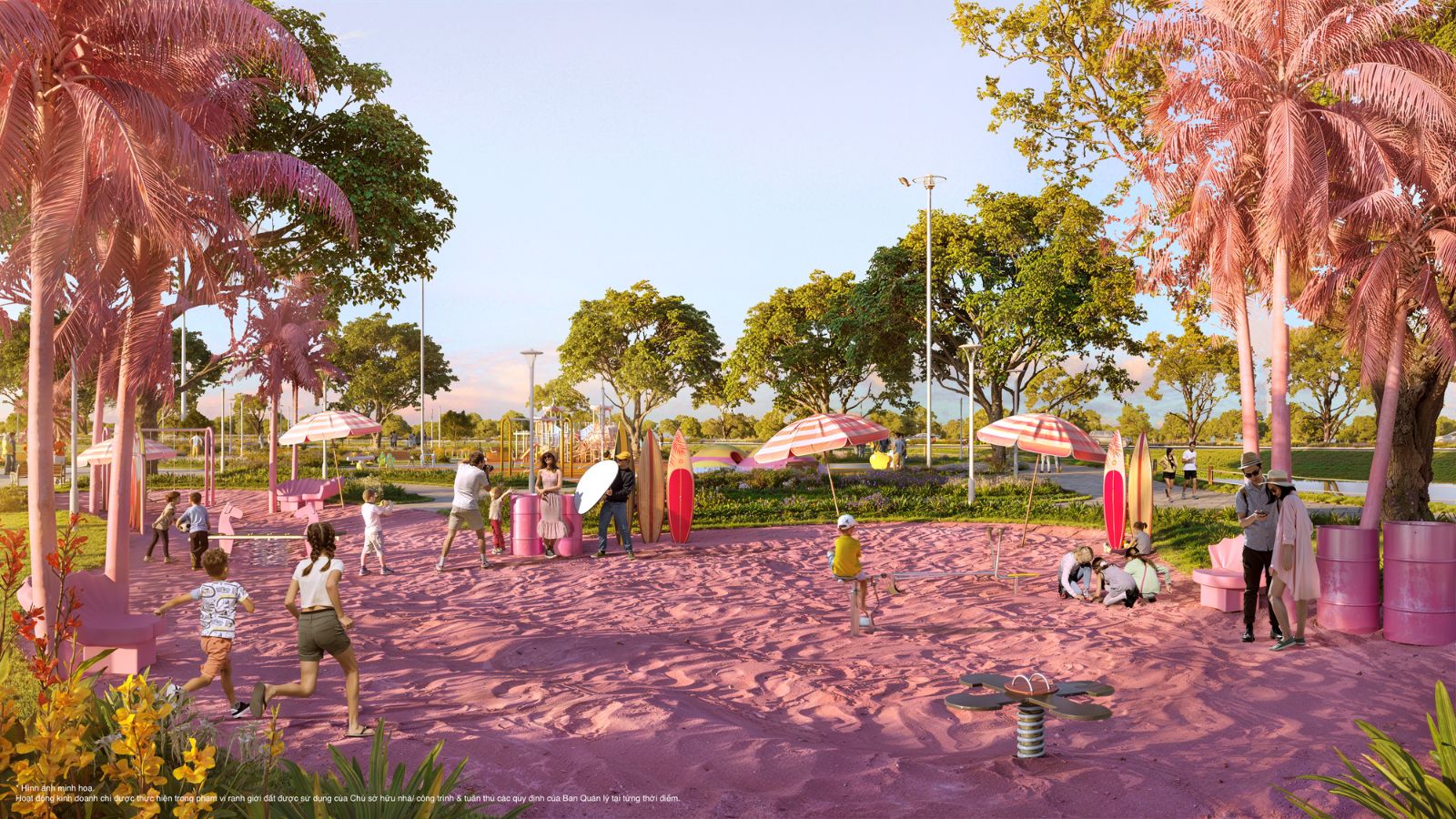 Sân chơi cát hồng dành cho trẻ em trong công viên ở Vinhomes Wonder City Đan Phượng