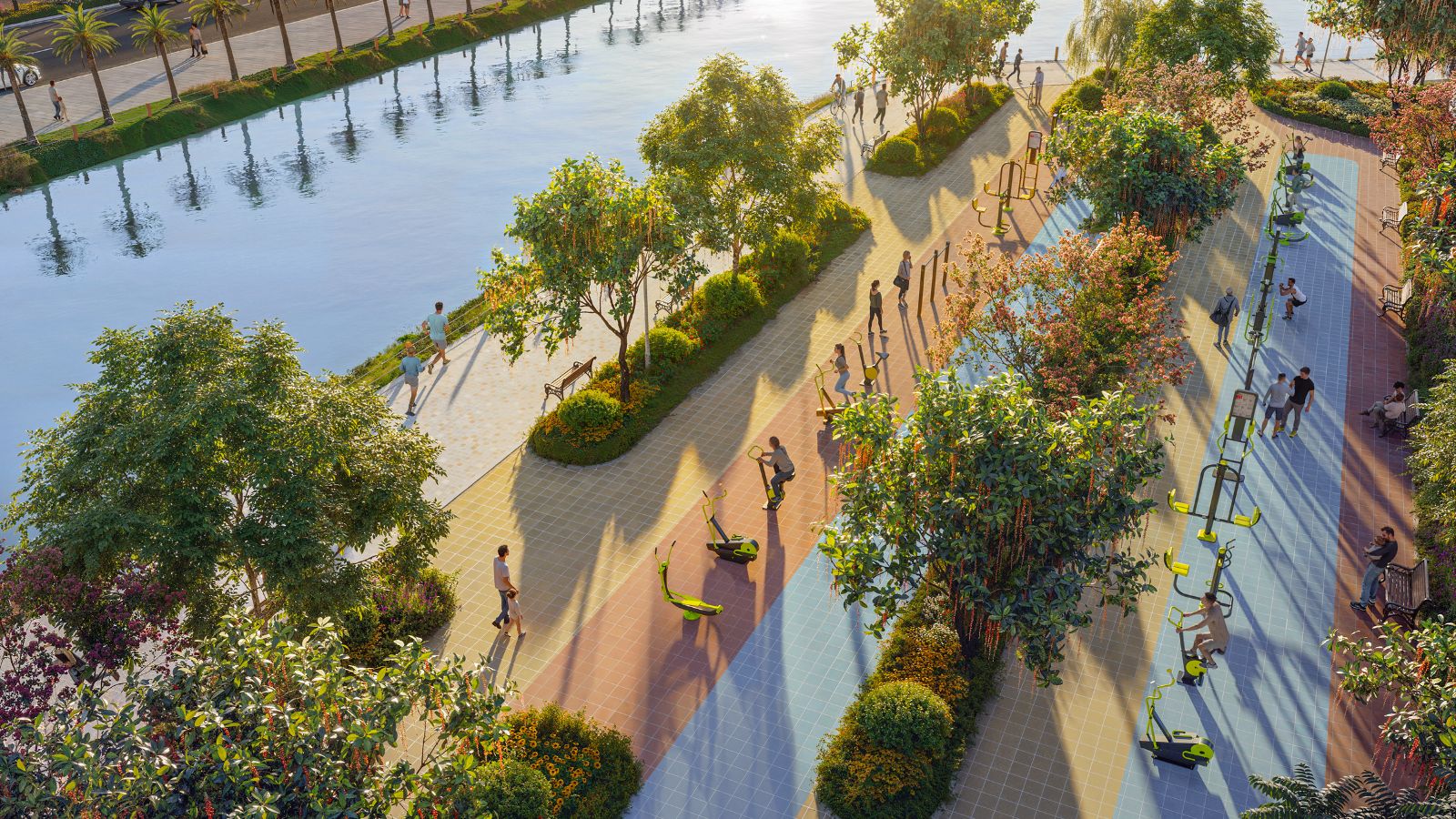 Sân tập thể dục ven sông trong lành ở Vinhomes Wonder City Đan Phượng